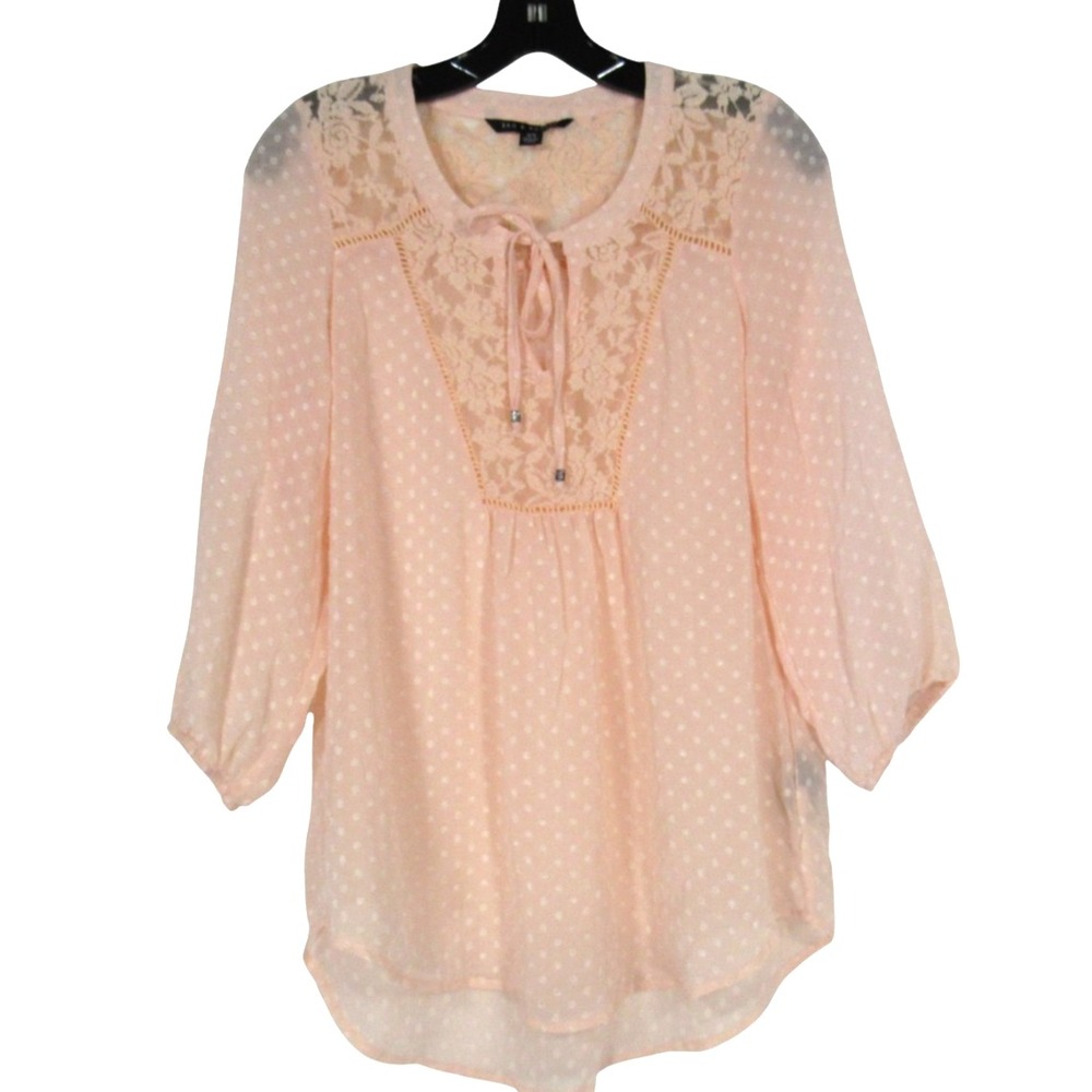 ZAC & RACHEL Semi-Sheer GEORGETTE Peach/Pink SWISS-DOTS Floral Lace BLOUSE/TOP M